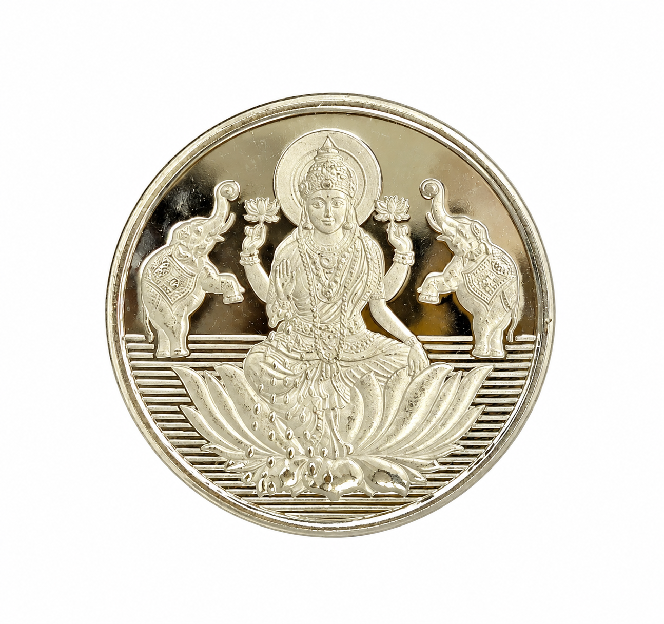 • Goddess Lakshmi seated on a lotus
• Two elephants symbolising prosperity
• Round silver coin
• Intricate embossed detailing
• Traditional devotional design
• Ideal for Lakshmi Pooja and festive rituals
• Perfect for Diwali and Dhanteras gifting