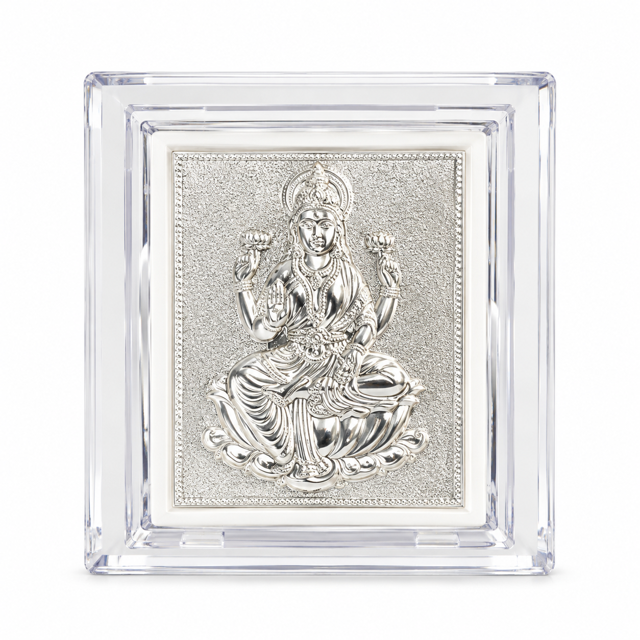 Goddess Lakshmi silver-tone embossed design in a transparent acrylic frame by Mohnaa Jewels