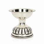 Mohnaa Padmika 925 sterling silver pedestal diya featuring a polished bowl, delicate beaded rim, and intricately patterned pedestal on a white background.