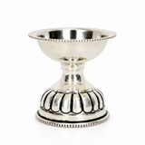 Mohnaa Padmika 925 sterling silver pedestal diya featuring a polished bowl, delicate beaded rim, and intricately patterned pedestal on a white background.