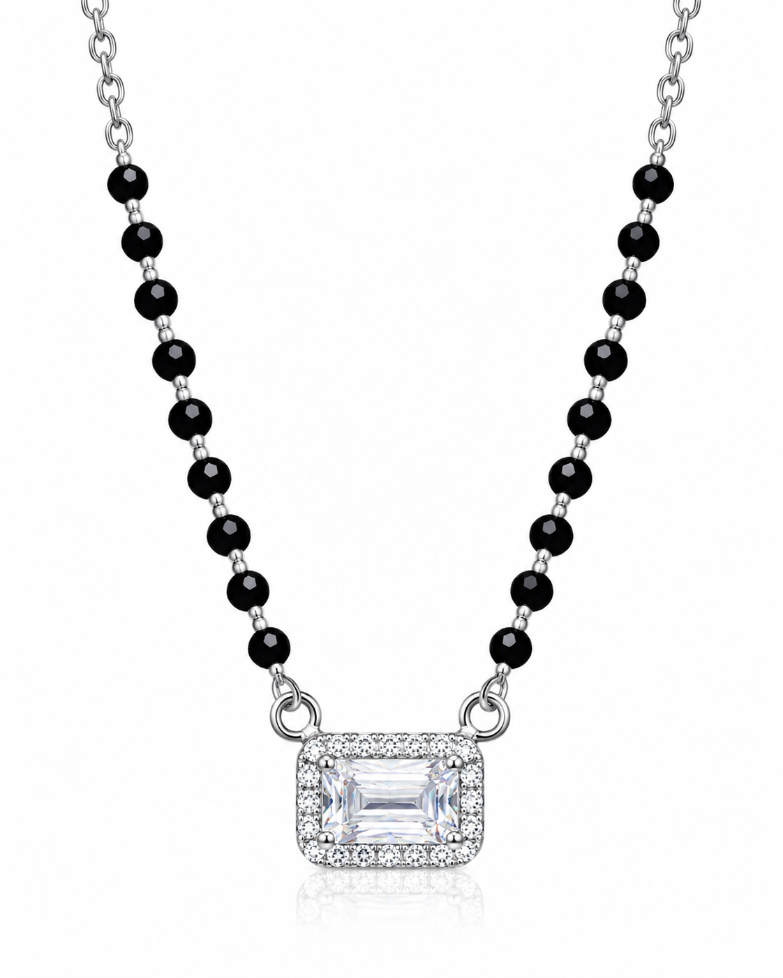 Mohnaa Aadhira 925 sterling silver mangalsutra featuring a rectangular emerald-cut style centre stone, sparkling halo pendant, and traditional black-bead chain on a white background.