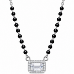 Mohnaa Aadhira 925 sterling silver mangalsutra featuring a rectangular emerald-cut style centre stone, sparkling halo pendant, and traditional black-bead chain on a white background.