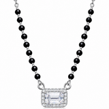 Mohnaa Aadhira 925 sterling silver mangalsutra featuring a rectangular emerald-cut style centre stone, sparkling halo pendant, and traditional black-bead chain on a white background.