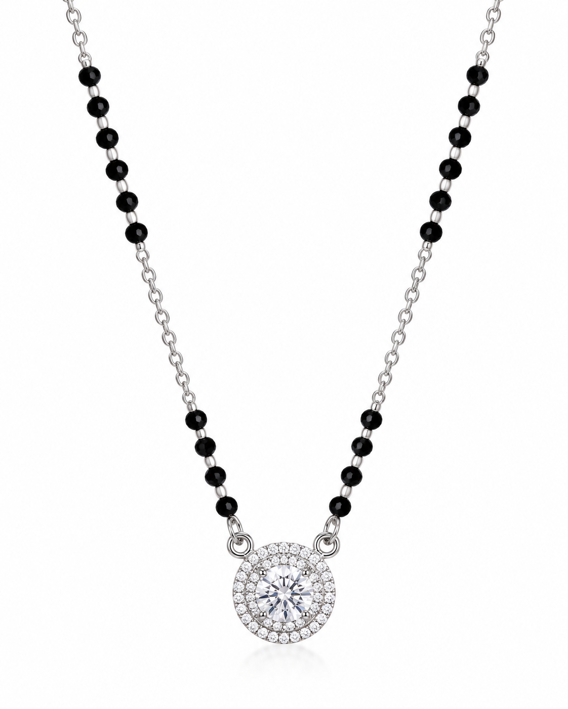 Mohnaa Aaira 925 sterling silver mangalsutra featuring a round centre stone pendant with a sparkling double halo and faceted black beads on a white background.