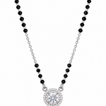 Mohnaa Aaira 925 sterling silver mangalsutra featuring a round centre stone pendant with a sparkling double halo and faceted black beads on a white background.