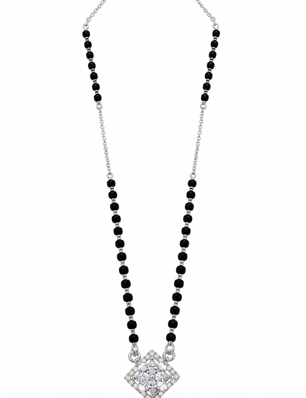 Mohnaa Navira 925 sterling silver mangalsutra featuring a diamond-shaped pendant with a sparkling floral stone design on a white background.