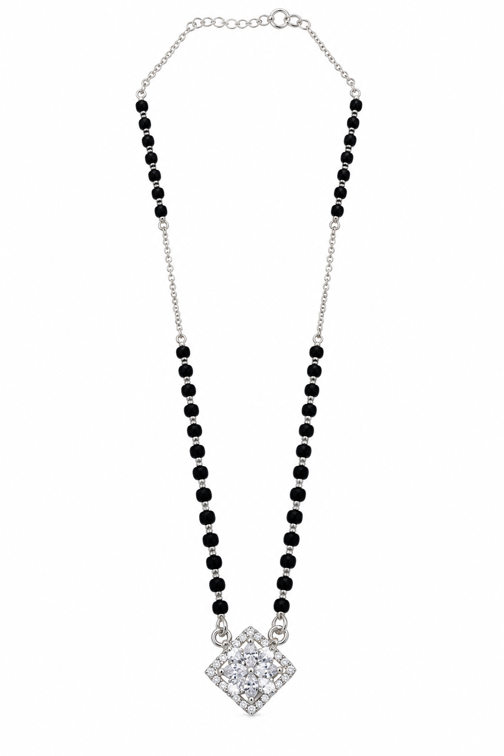 Mohnaa Navira 925 sterling silver mangalsutra featuring a diamond-shaped pendant with a sparkling floral stone design on a white background.