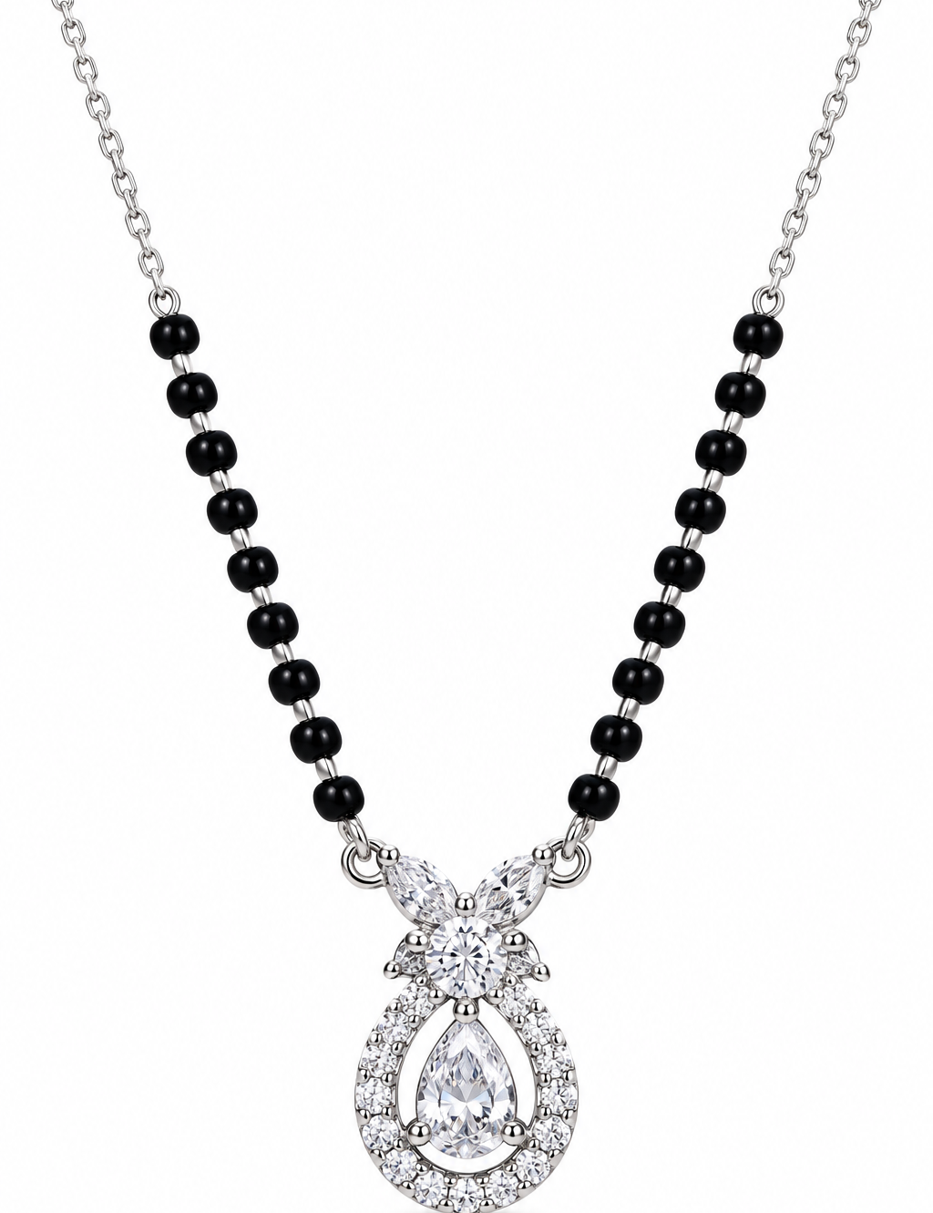 Mohnaa Elina 925 sterling silver mangalsutra featuring an elegant teardrop pendant with sparkling pear-shaped and marquise-cut decorative stones on a white background.