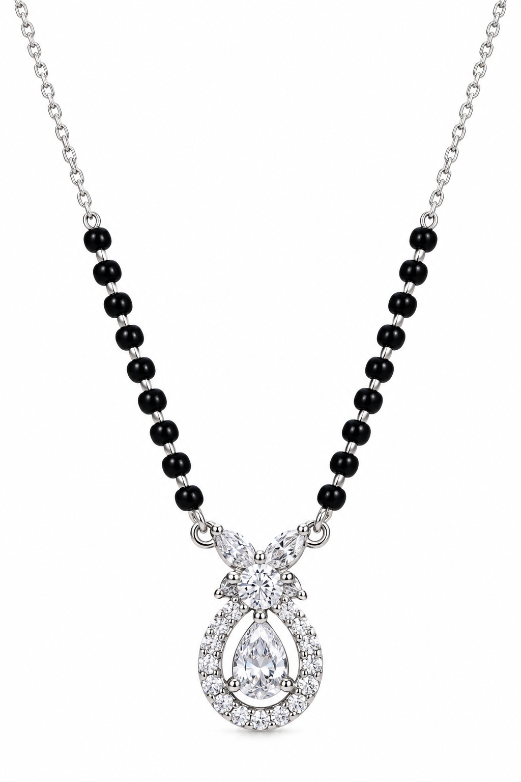 Mohnaa Elina 925 sterling silver mangalsutra featuring an elegant teardrop pendant with sparkling pear-shaped and marquise-cut decorative stones on a white background.