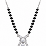 Mohnaa Elina 925 sterling silver mangalsutra featuring an elegant teardrop pendant with sparkling pear-shaped and marquise-cut decorative stones on a white background.