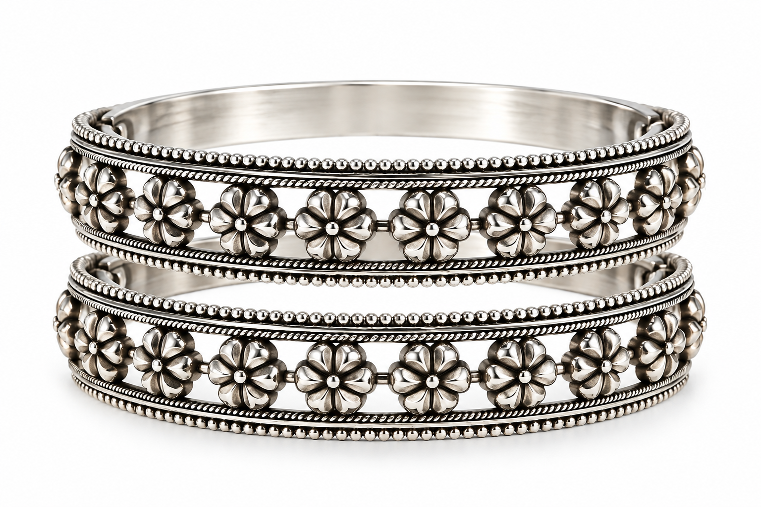 Handcrafted 925 sterling silver floral bangles pair featuring intricate flower motifs and openwork heritage design by Mohnaa Jewels
