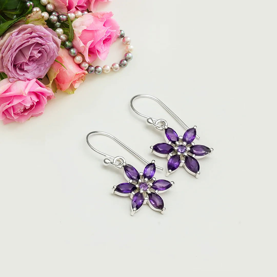 Star Earring With Semi Precious Natural Amethyst Gemstone In 925 Sterling Silver