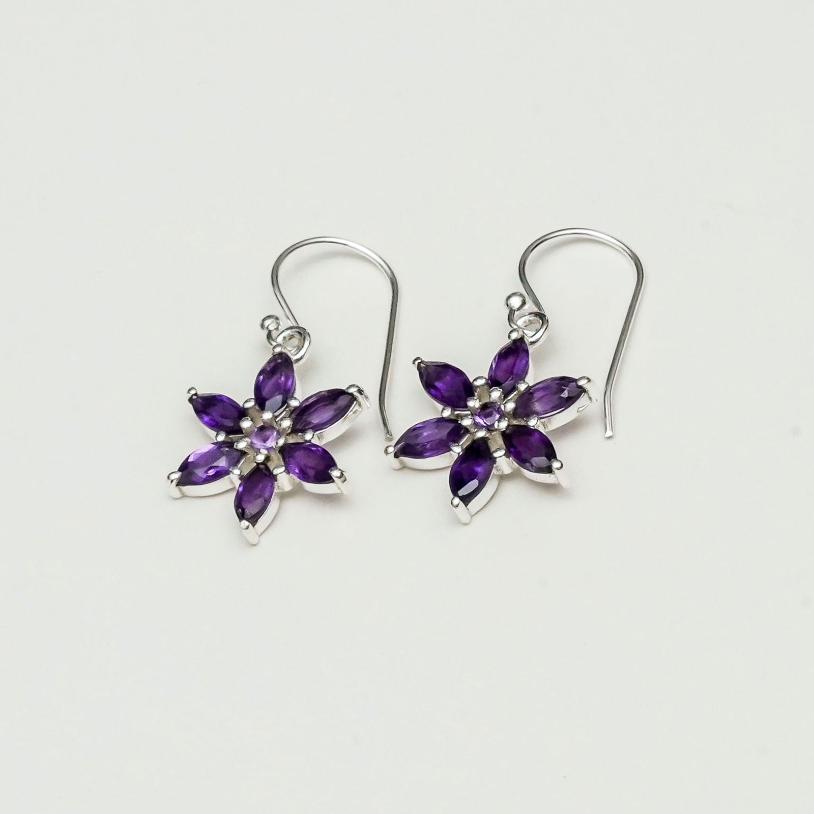 Star Earring With Semi Precious Natural Amethyst Gemstone In 925 Sterling Silver