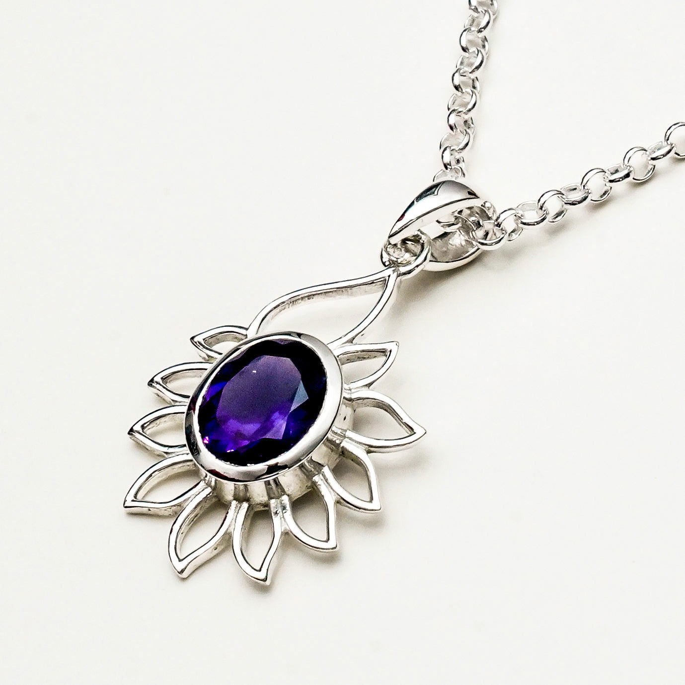Sunflower Pendant With Amethyst Gemstone In 925 Sterling Silver