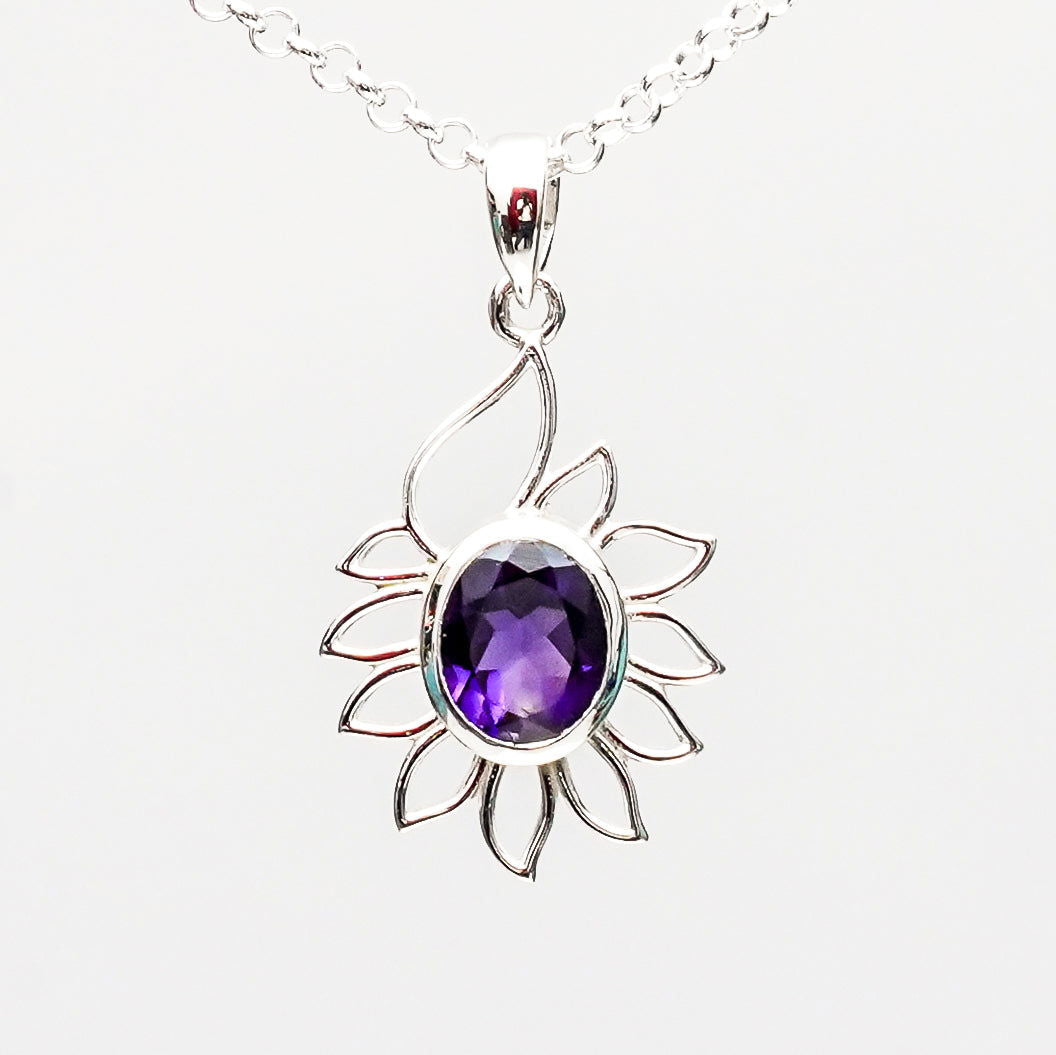 Sunflower Pendant With Amethyst Gemstone In 925 Sterling Silver