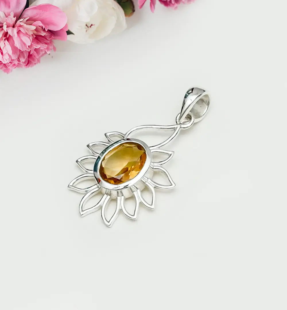 Sunflower Pendant With Citrine Gemstone In 925 Sterling Silver