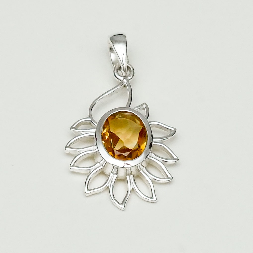 Sunflower Pendant With Citrine Gemstone In 925 Sterling Silver