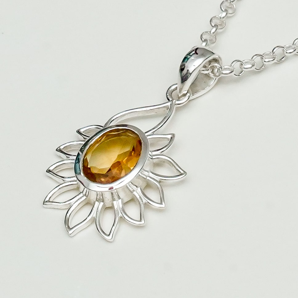 Sunflower Pendant With Citrine Gemstone In 925 Sterling Silver