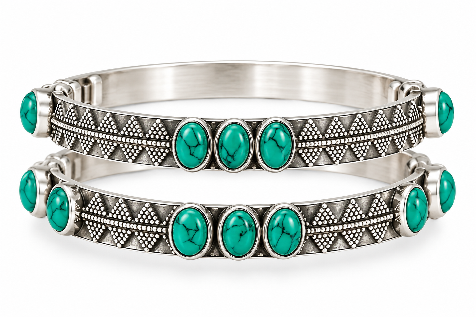 Handcrafted 925 sterling silver cuff kada pair with genuine natural turquoise stones and heritage-inspired geometric detailing by Mohnaa Jewels