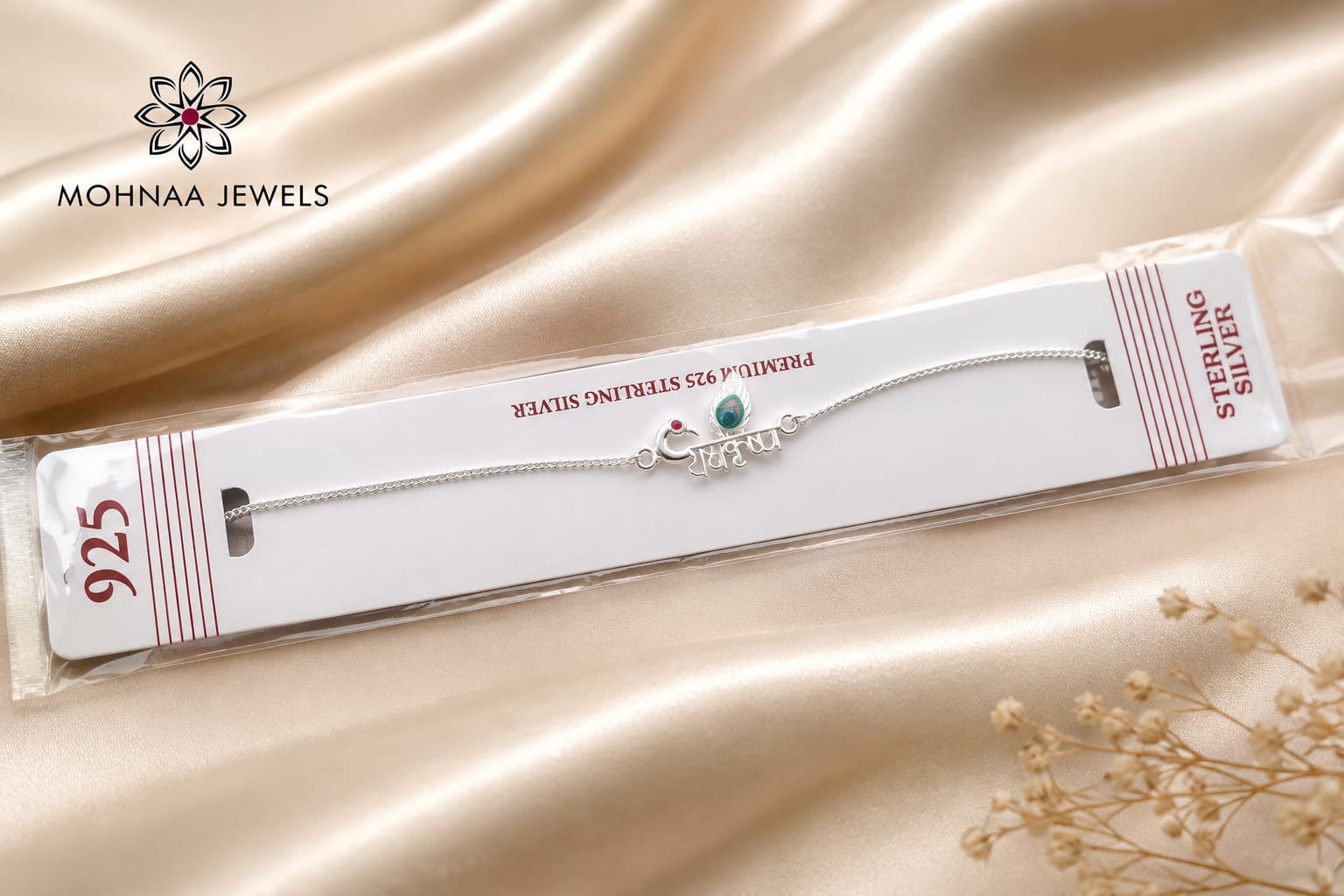 "Premium Radha Krishna Divine 925 Silver Rakhi with peacock feather motif and personalized name design."