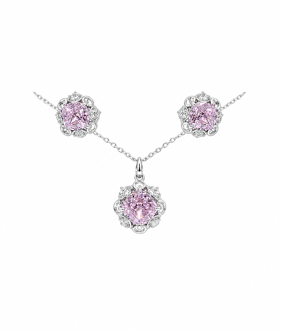Ira Blush Sparkle 925 sterling silver pendant, earrings and chain set with pink cubic zirconia stones and rhodium plating.