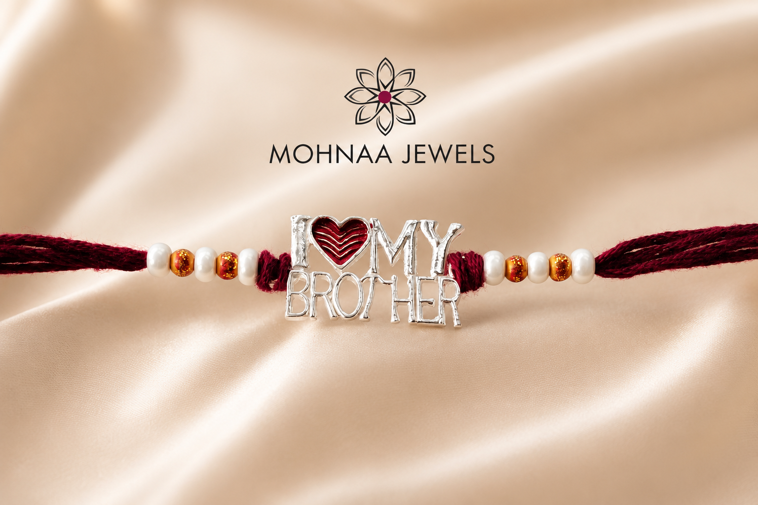 "Eternal Bond Silver Rakhi featuring an elegant 'I Love My Brother' charm with heart motif, handcrafted on a premium thread with decorative beads, perfect Raksha Bandhan gift for brother by Mohnaa Jewels."