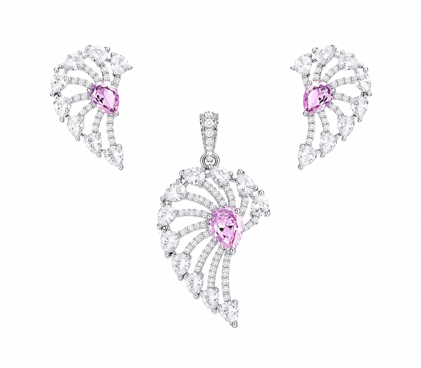 925 sterling silver pendant and earrings set featuring pink cubic zirconia centre stones with sparkling white CZ accents