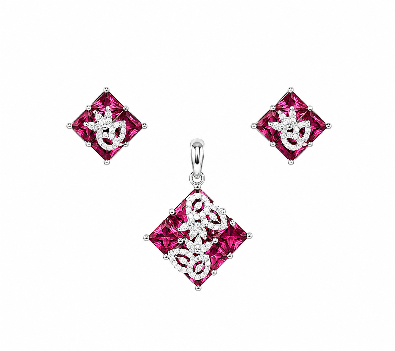 925 sterling silver pendant and earrings set featuring princess cut pink cubic zirconia stones with sparkling white CZ accents