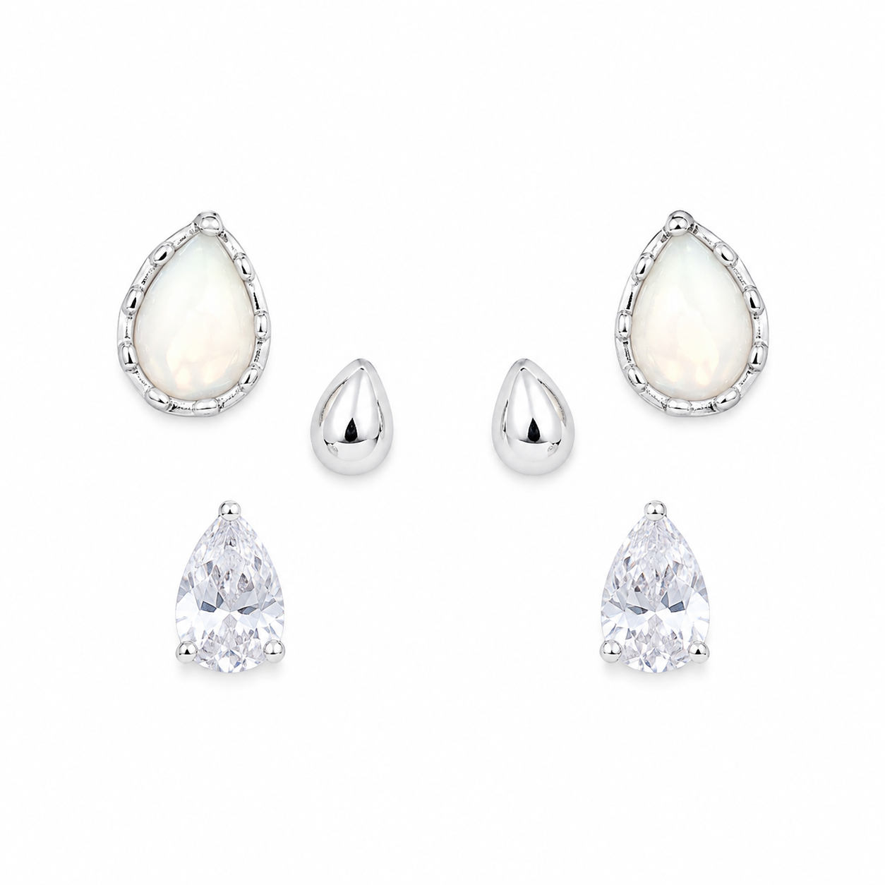 925 sterling silver three-pair stud earrings set featuring CZ pear-cut studs, opal-inspired teardrop studs and polished silver teardrop studs.