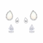 925 sterling silver three-pair stud earrings set featuring CZ pear-cut studs, opal-inspired teardrop studs and polished silver teardrop studs.