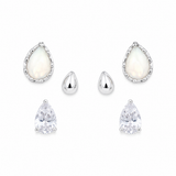 925 sterling silver three-pair stud earrings set featuring CZ pear-cut studs, opal-inspired teardrop studs and polished silver teardrop studs.