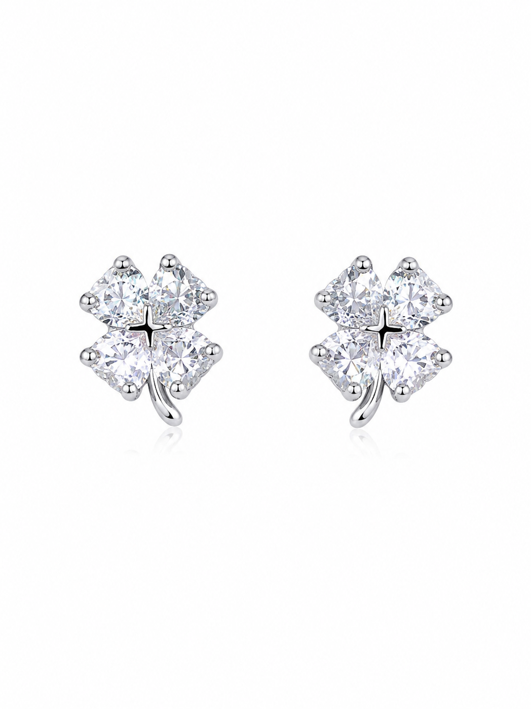 925 sterling silver lucky clover stud earrings featuring sparkling cubic zirconia stones and rhodium plating.