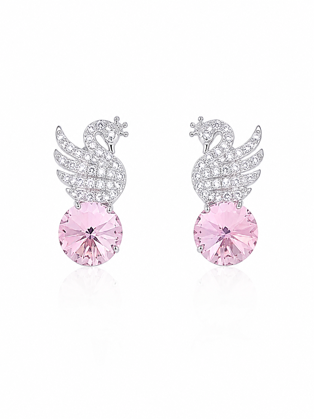 925 sterling silver swan stud earrings with pink crystal and AAA cubic zirconia stones