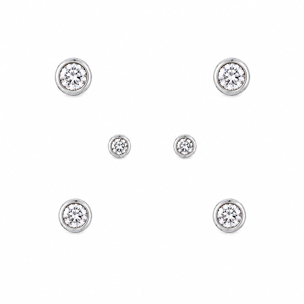 925 sterling silver cubic zirconia stud earrings set featuring three different sizes of bezel-set sparkling CZ stones.