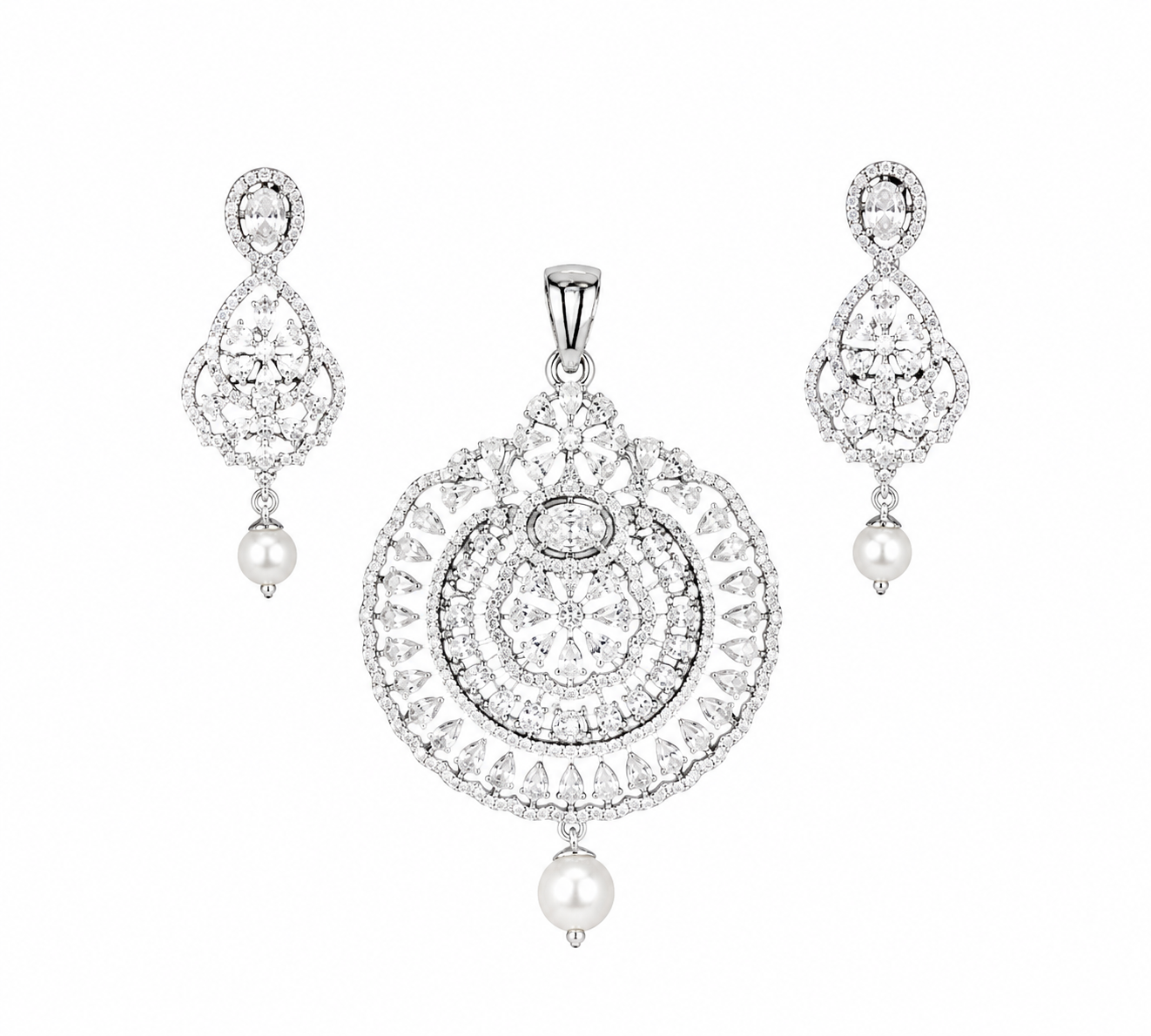 925 sterling silver pendant and earrings set with cubic zirconia stones and pearl drops in an intricate circular floral design