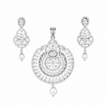 925 sterling silver pendant and earrings set with cubic zirconia stones and pearl drops in an intricate circular floral design