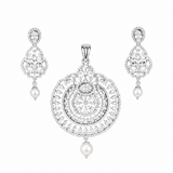 925 sterling silver pendant and earrings set with cubic zirconia stones and pearl drops in an intricate circular floral design