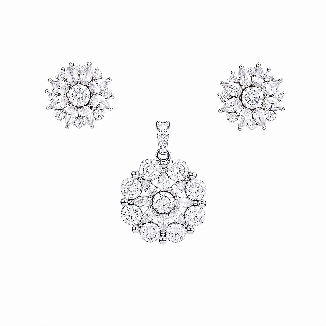 925 sterling silver pendant and earrings set featuring sparkling cubic zirconia stones in a snowflake-inspired floral design