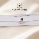 Om Mor Pankh 925 Sterling Silver Rakhi with sacred Om symbol and peacock feather design on silver chain by Mohnaa Jewels