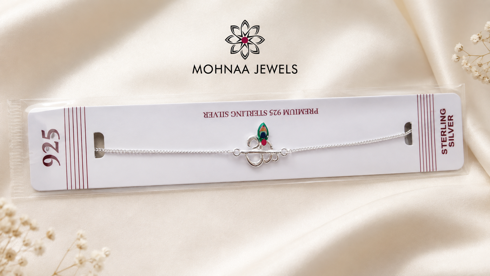 Om Mor Pankh 925 Sterling Silver Rakhi with sacred Om symbol and peacock feather design on silver chain by Mohnaa Jewels