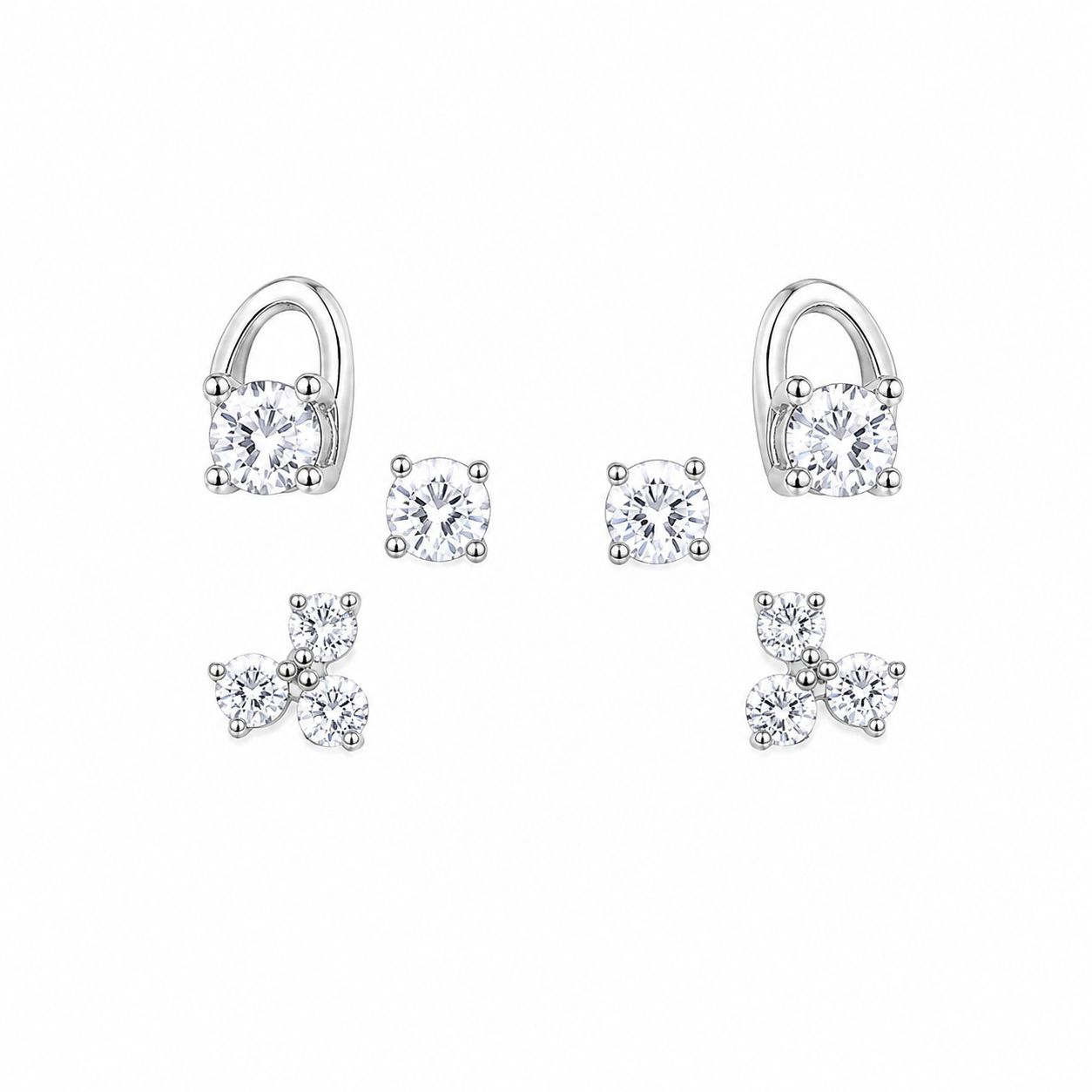 925 sterling silver Luna Trio CZ stud earring set featuring solitaire, loop, and floral cluster designs