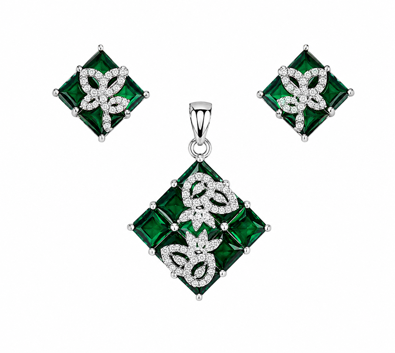 Ira Viana 925 sterling silver pendant and earrings set featuring green cubic zirconia stones with sparkling white CZ accents