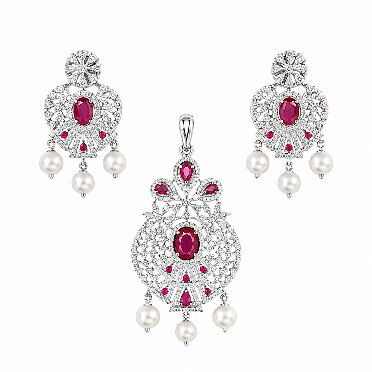 Ira Royal Scarlet 925 sterling silver pendant and earrings set with scarlet red cubic zirconia stones and pearl drop accents.