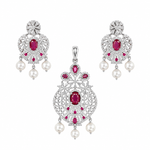 Ira Royal Scarlet 925 sterling silver pendant and earrings set with scarlet red cubic zirconia stones and pearl drop accents.