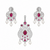 Ira Royal Scarlet 925 sterling silver pendant and earrings set with scarlet red cubic zirconia stones and pearl drop accents.