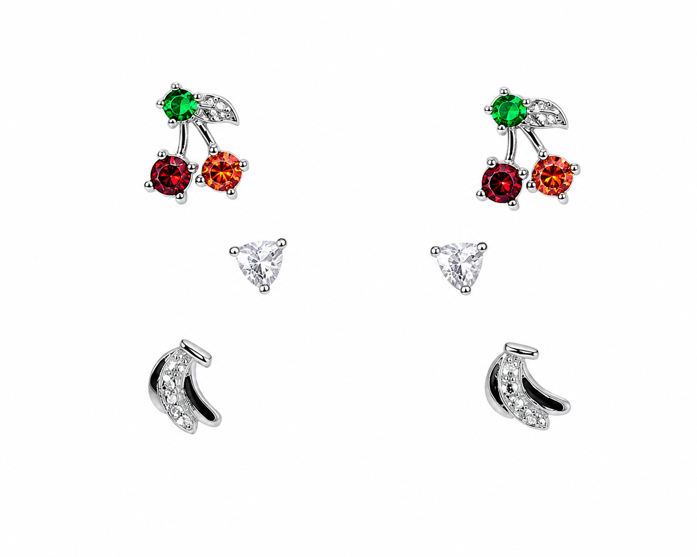 925 sterling silver kids stud earring set featuring cherry, heart and banana designs with CZ stones