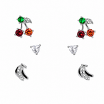 925 sterling silver kids stud earring set featuring cherry, heart and banana designs with CZ stones