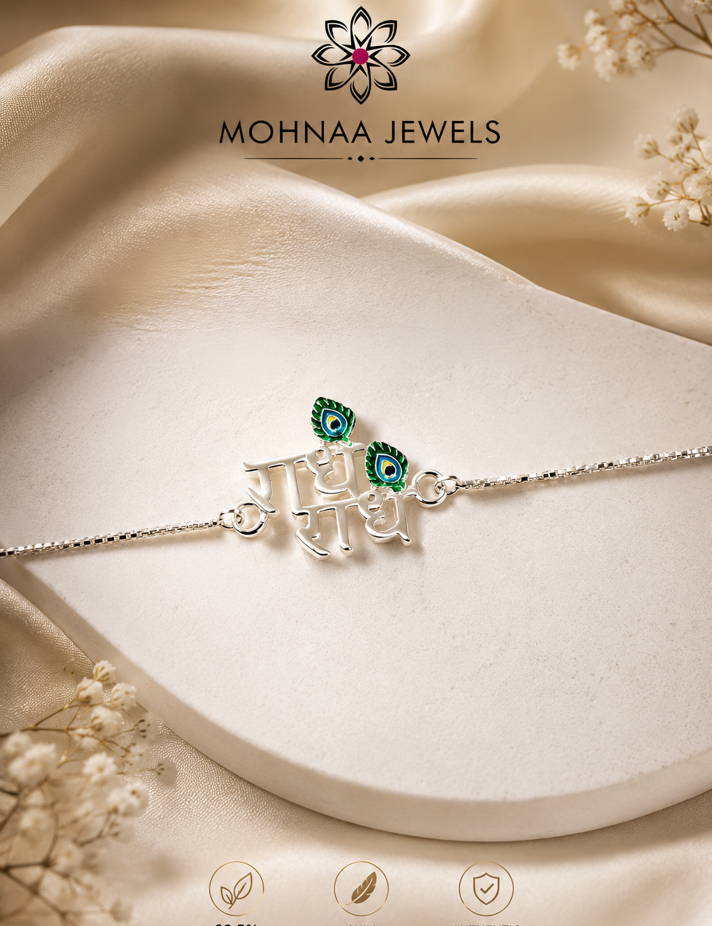"Radhe Radhe 925 Sterling Silver Rakhi featuring an elegant Radhe Radhe script design with peacock feather accents on an adjustable sterling silver chain, handcrafted for Raksha Bandhan by Mohnaa Jewels."