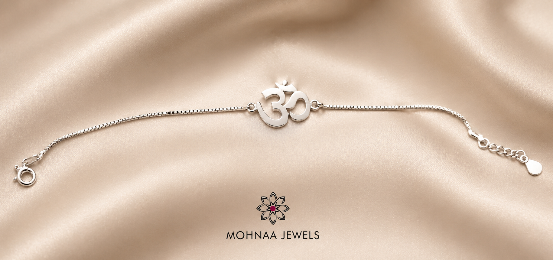 "Spiritual Om 925 Silver Bracelet Rakhi for Brother, handcrafted sterling silver rakhi with adjustable chain, premium Raksha Bandhan gift by Mohnaa Jewels."
