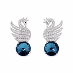 925 sterling silver swan earrings with sparkling CZ stones and sapphire blue crystal center